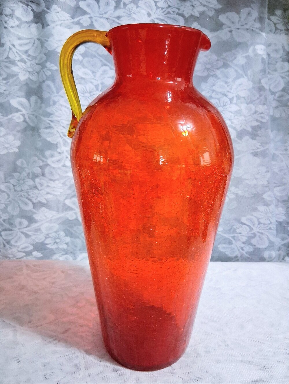 Vintage Large Pilgrim Tangerine Orange Crackle Glass Pitcher Ewer 13” UV React - Picture 10 of 17